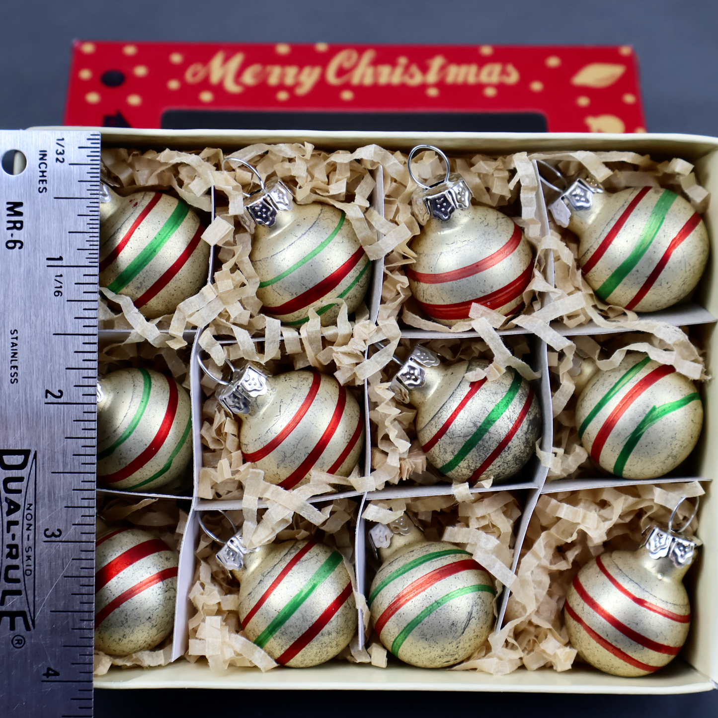 PBK Gold with Red Green Stripes Miniature Ball Ornament Set of 12-Ornament-Oakview Collectibles