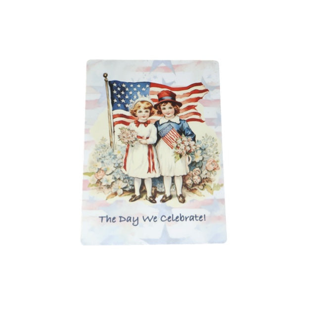 Photo of magnet with image of Vintage style children holding flowers in front of american flag