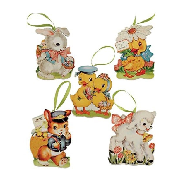 Set of 5 Bethany Lowe Retro Easter Ornaments featuring Bunny Rabbit, ducks and a lamb