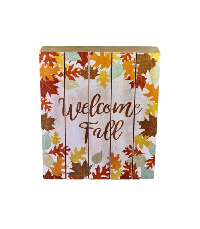 Box Sign with painted colorful fall leaves and Welcome Fall