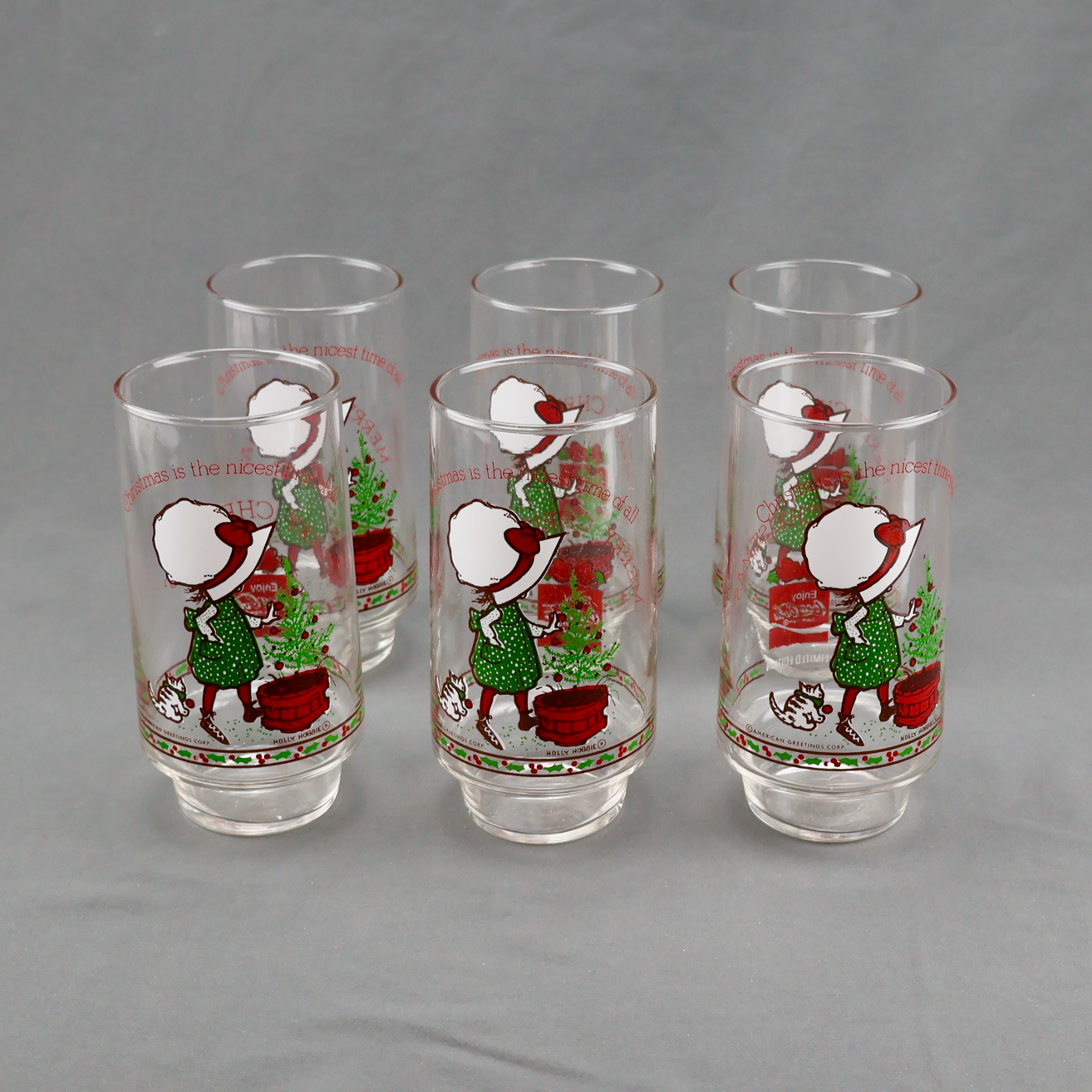 Holly Hobbie Coca-Cola Christmas Glasses Set of 6-Glassware-Oakview Collectibles