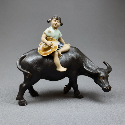 Shiwan Chinese Mudman Girl on Water Buffalo Figurine-Figurine-Oakview Collectibles