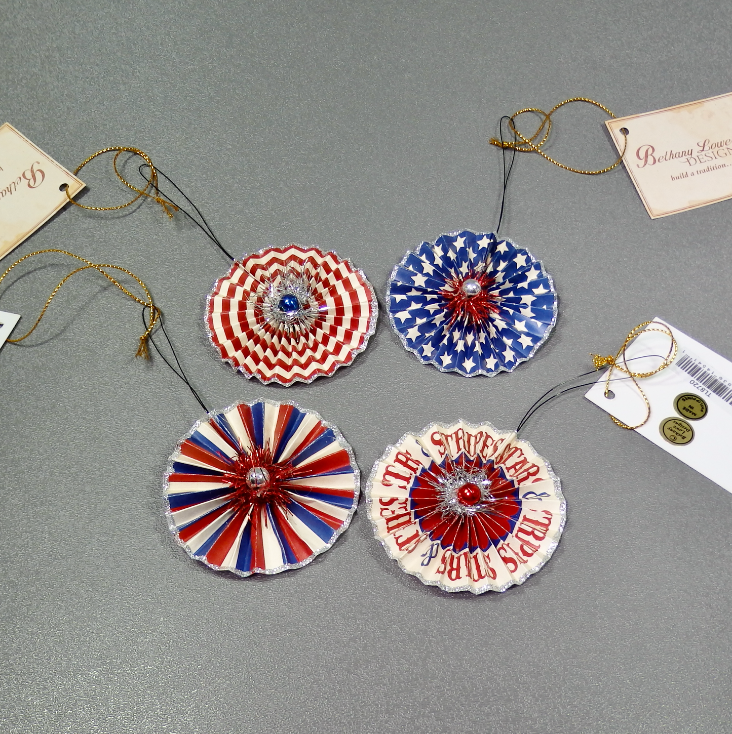 Bethany Lowe Americana Rosette Ornament Set of 4-Ornament-Oakview Collectibles