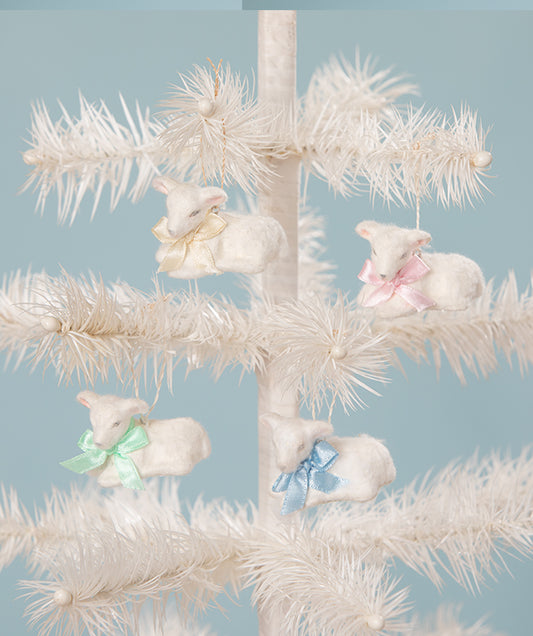 Bethany Lowe Pastel Fuzzy Lamb Ornament Set of 4-Ornament-Oakview Collectibles
